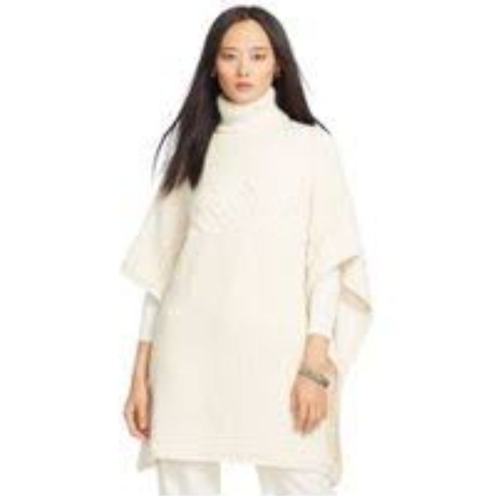 Lauren Ralph Lauren Alpaca Ivory Chunky Cable Knit Turtleneck Poncho Sweater